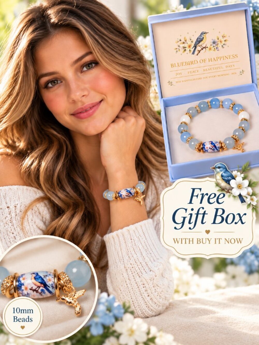 Bluebird of Happiness Bracelet Blue Beads Bird Charm Gift Box Keepsake Jewelry